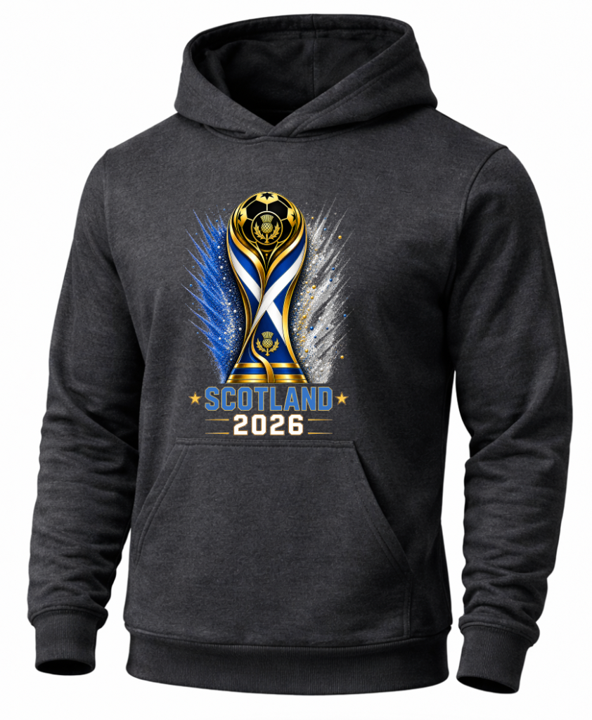 Black hoodie with Scotland 2026 design on a white background