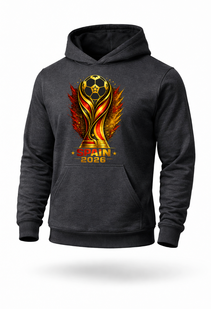 Charcoal Spain 2026 soccer streetwear hoodie mockup featuring football trophy-inspired design
