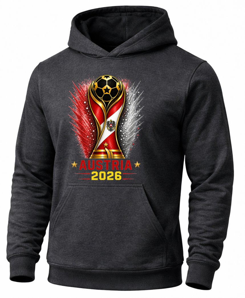 Black hoodie with Austria 2026 World Cup trophy design on a white background