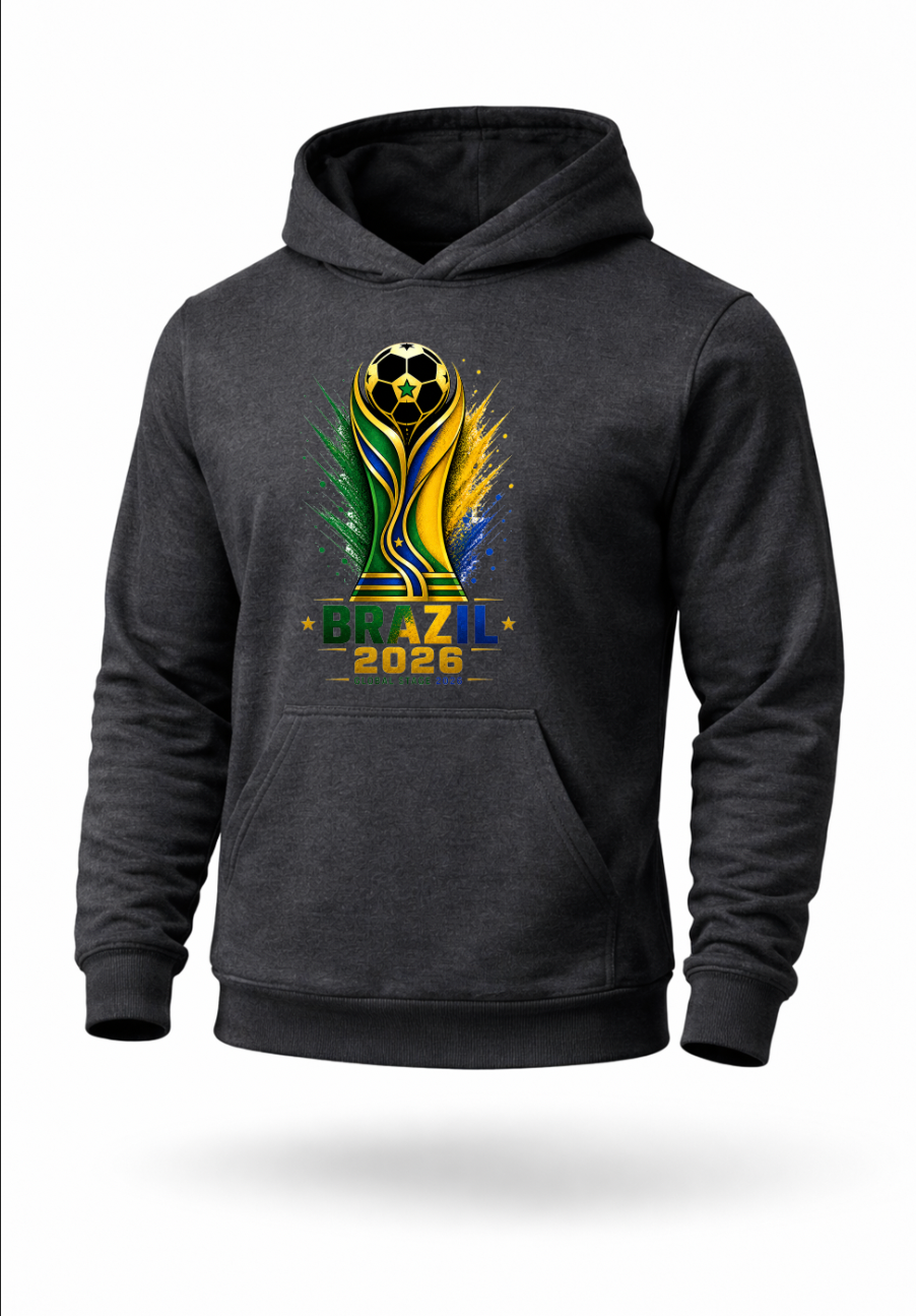 Charcoal gray Brazil 2026 soccer hoodie featuring green yellow blue and gold football-inspired graphic artwork on premium streetwear pullover hoodie