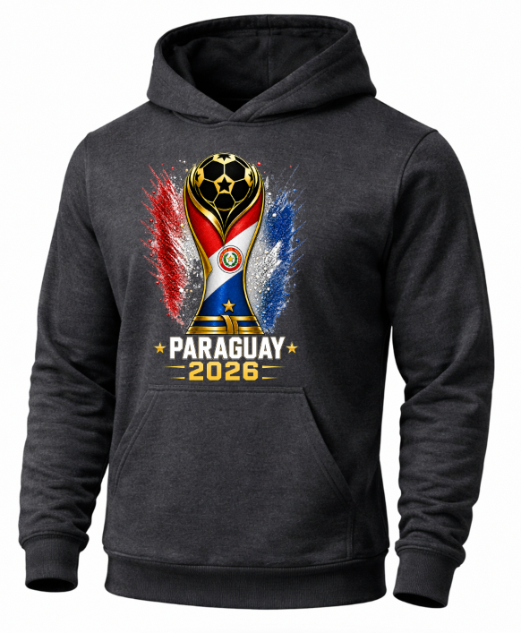 Black hoodie with Paraguayan flag and 2026 text design on a white background