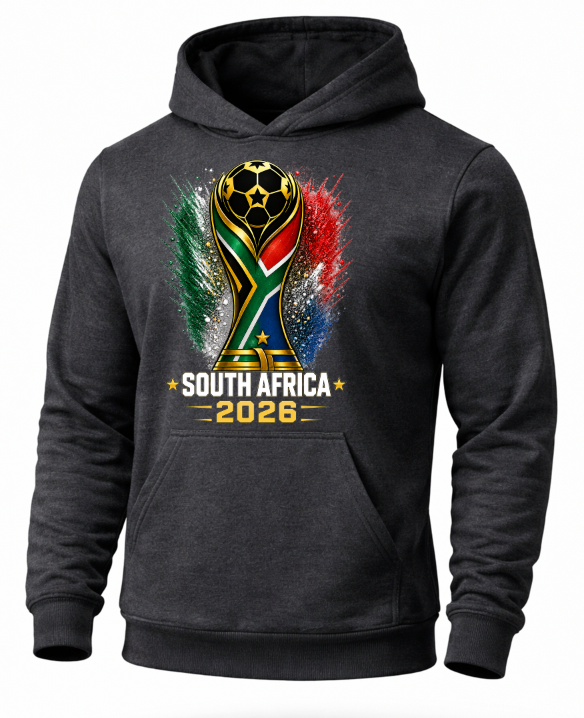 Black hoodie with South Africa 2026 World Cup design on a white background