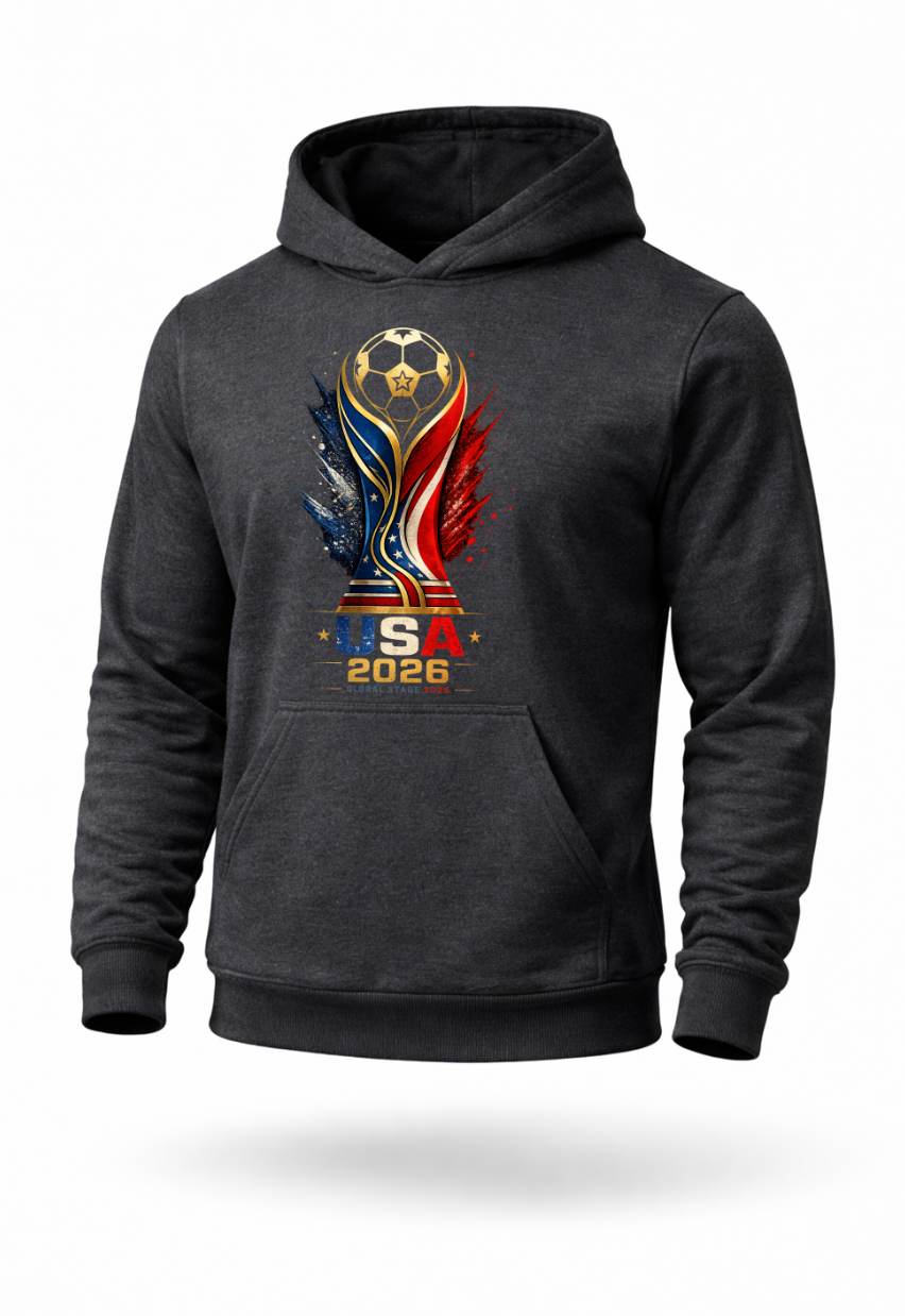 Charcoal gray USA 2026 soccer hoodie featuring patriotic red white and blue football-inspired graphic design on premium streetwear pullover hoodie