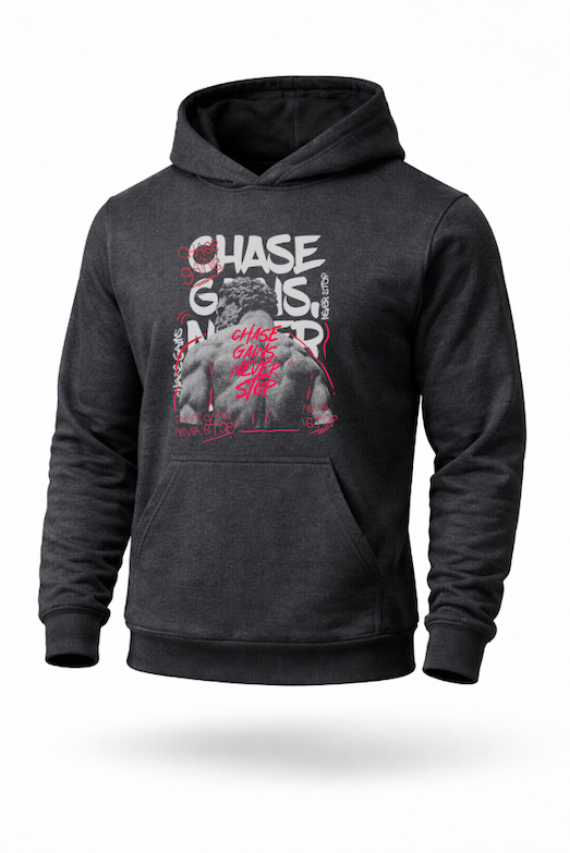 Chase Gains Never Stop bodybuilding gym motivation hoodie by Tailored Threadz