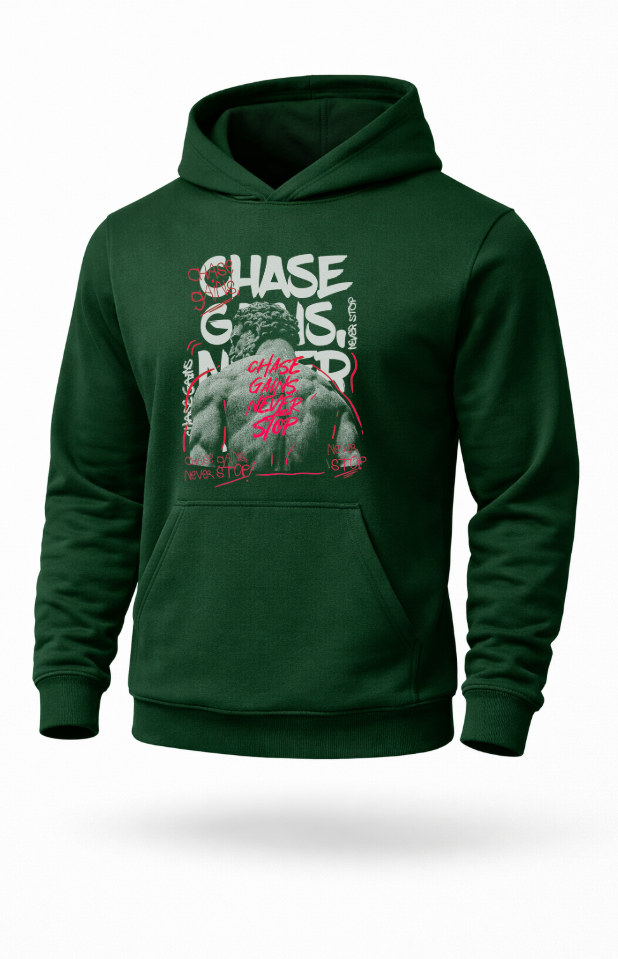 Chase Gains Never Stop bodybuilding gym motivation hoodie by Tailored Threadz
