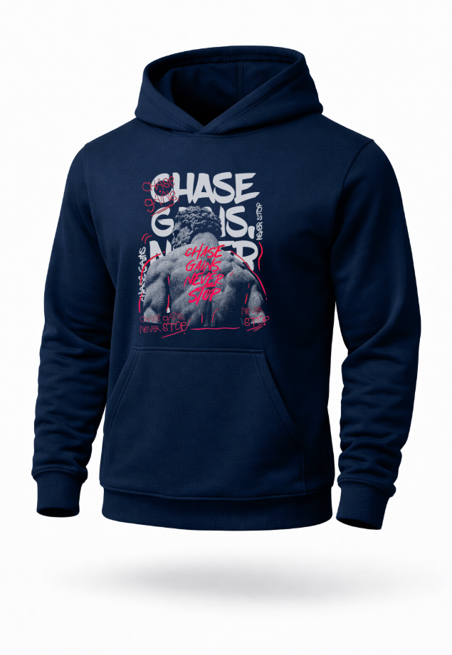 Chase Gains Never Stop bodybuilding gym motivation hoodie by Tailored Threadz