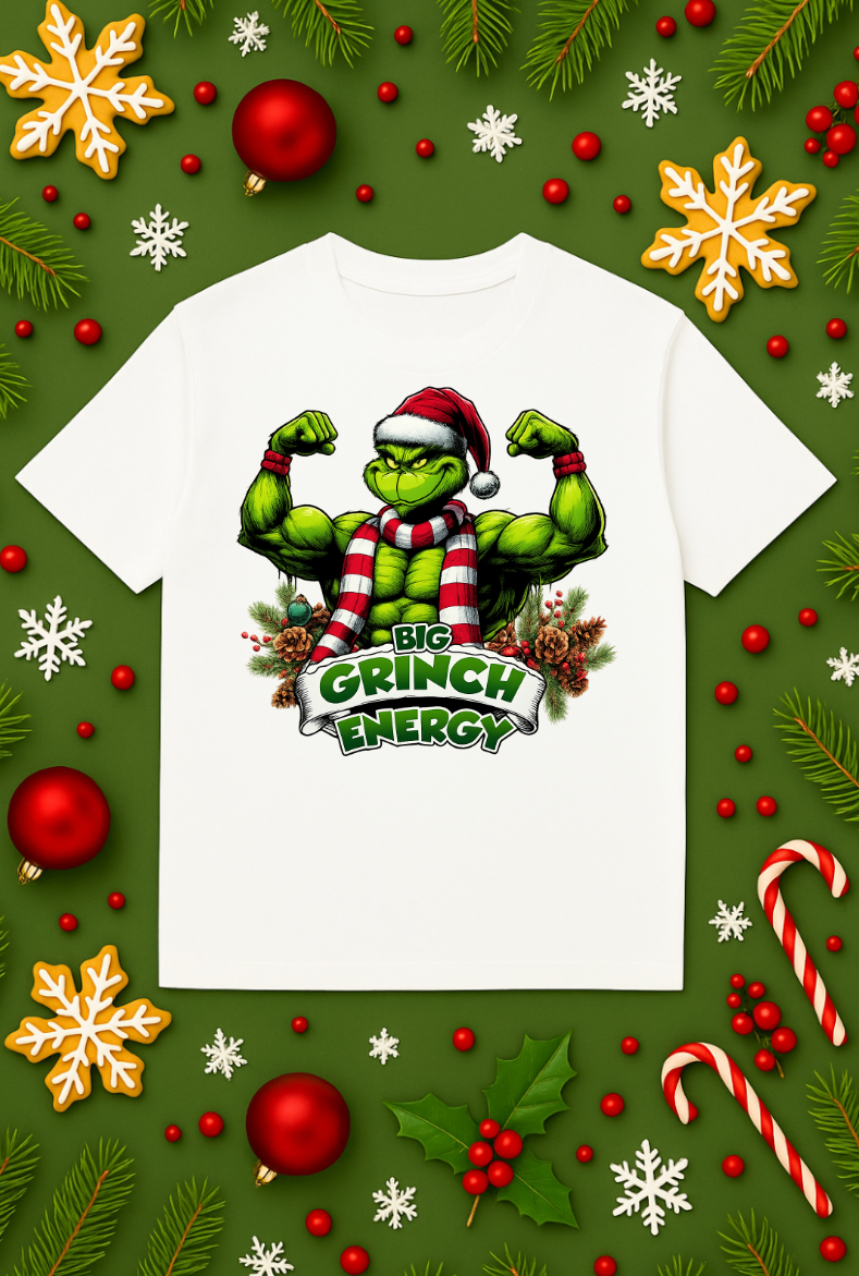 Holiday gym-themed graphic t-shirt laid flat on a Christmas background with ornaments, candy canes, and greenery.