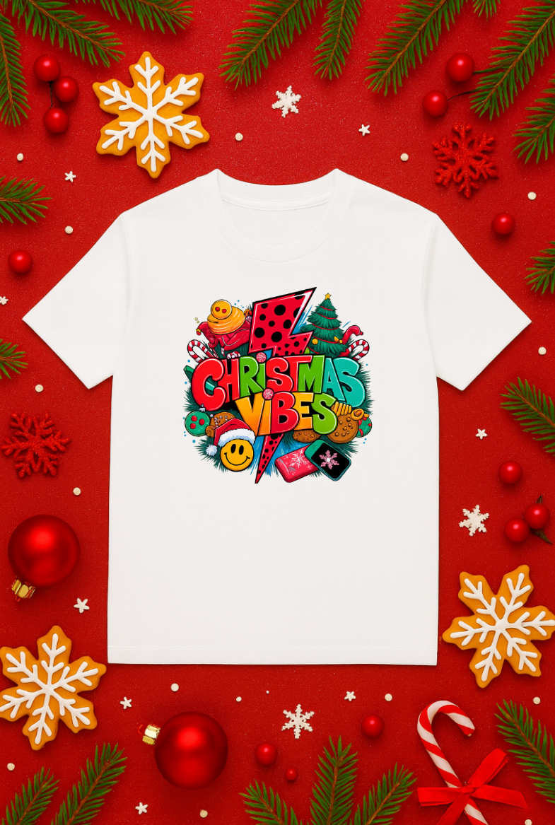 White unisex Christmas Vibes graphic t-shirt with colorful festive design, displayed on a red holiday background with Christmas decorations.