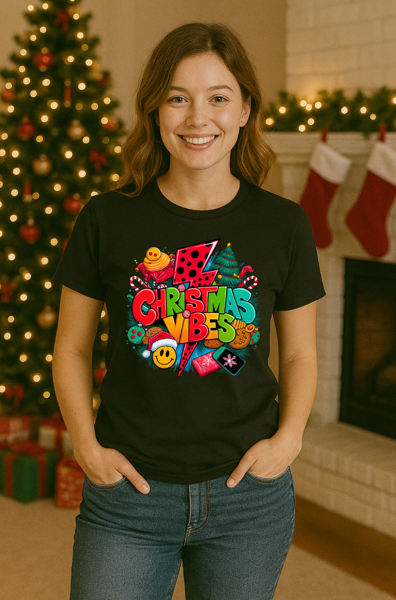 Woman wearing a black Christmas Vibes graphic t-shirt with a colorful festive holiday design, standing in a cozy Christmas-themed room.