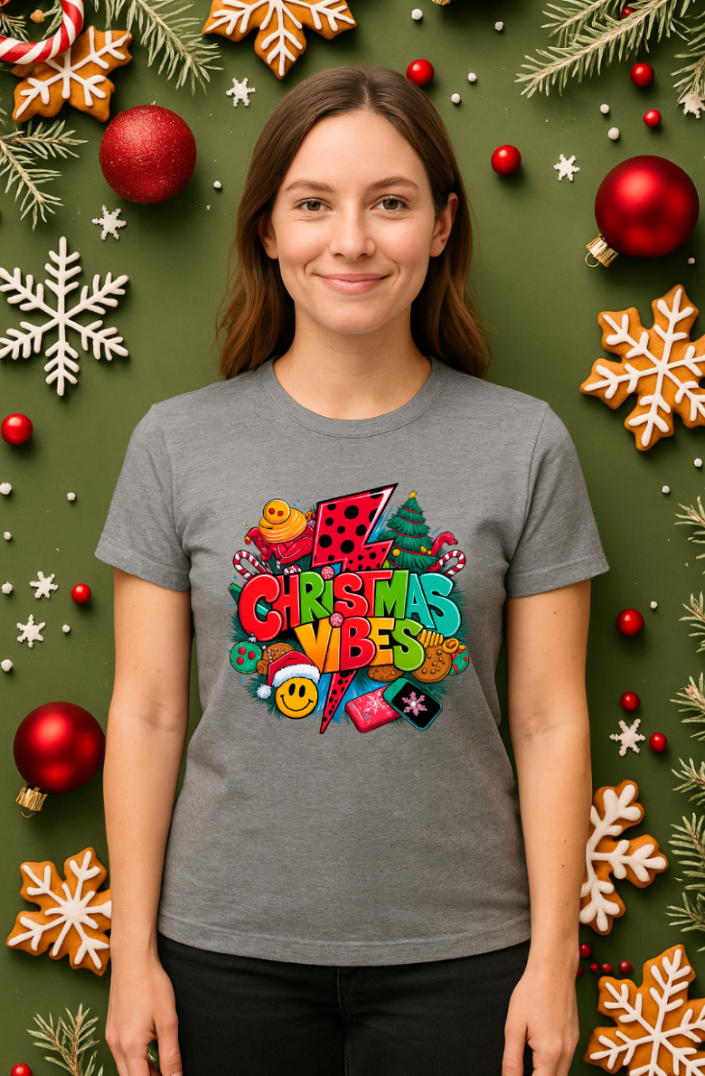Woman wearing a gray Christmas Vibes graphic t-shirt with a colorful festive holiday design, standing against a green Christmas-themed background with ornaments.