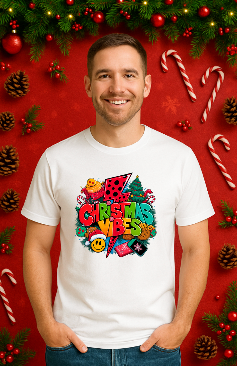 Man wearing a white Christmas Vibes graphic t-shirt, featuring a colorful festive holiday design, standing against a red Christmas-themed background.