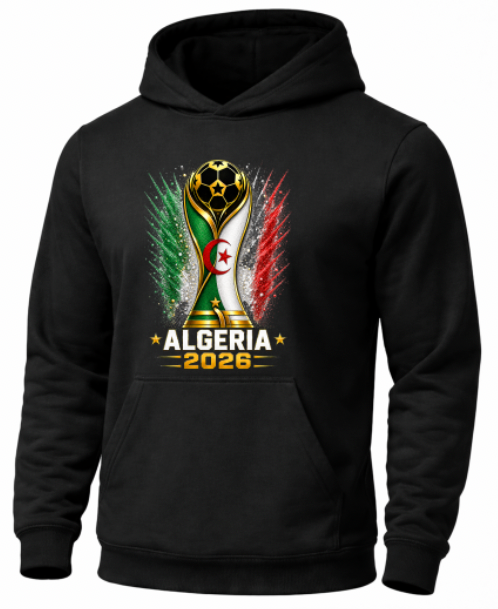 Black hoodie with Algeria 2026 design featuring a soccer trophy on a white background
