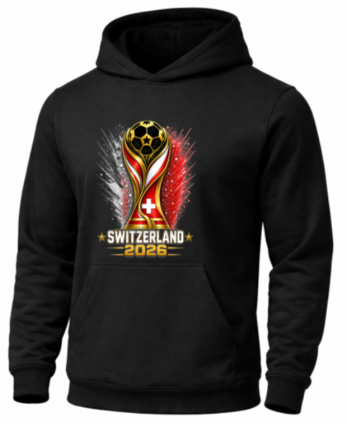Black hoodie with a soccer trophy design and 'Switzerland 2026' text on a white background