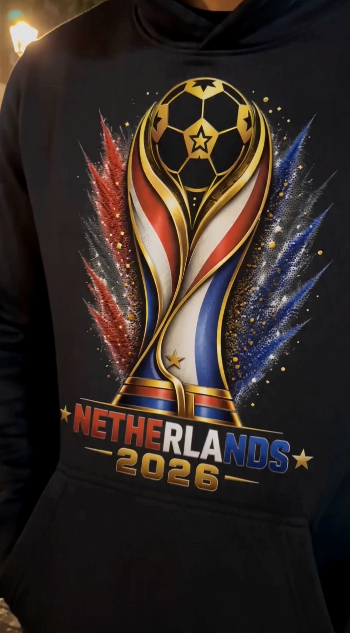 Close-up of Netherlands 2026 football streetwear hoodie featuring red white and blue artwork