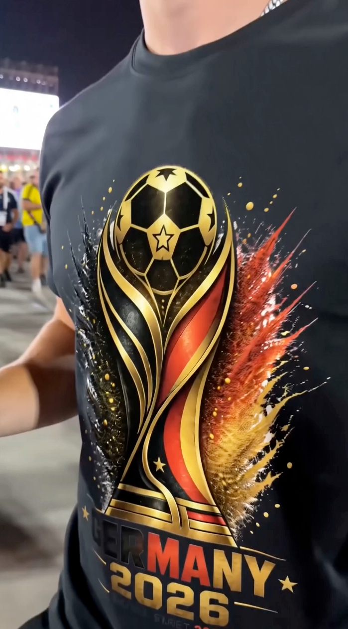 Close-up of black Germany 2026 soccer shirt featuring German football-inspired artwork at night