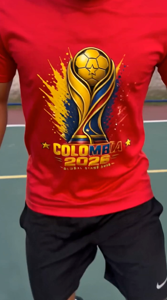 Close-up of red Colombia 2026 soccer shirt with yellow blue and red football-inspired graphic design
