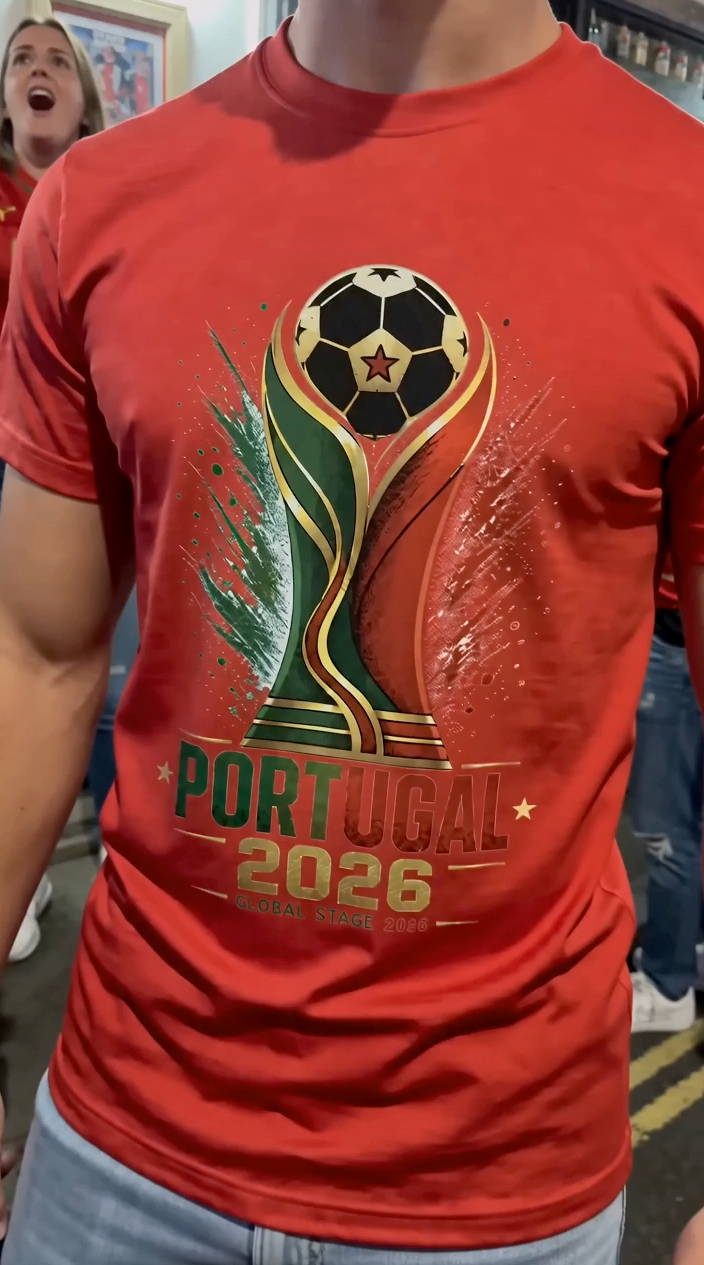 Close-up of red Portugal 2026 football fan T-shirt during soccer watch party celebration