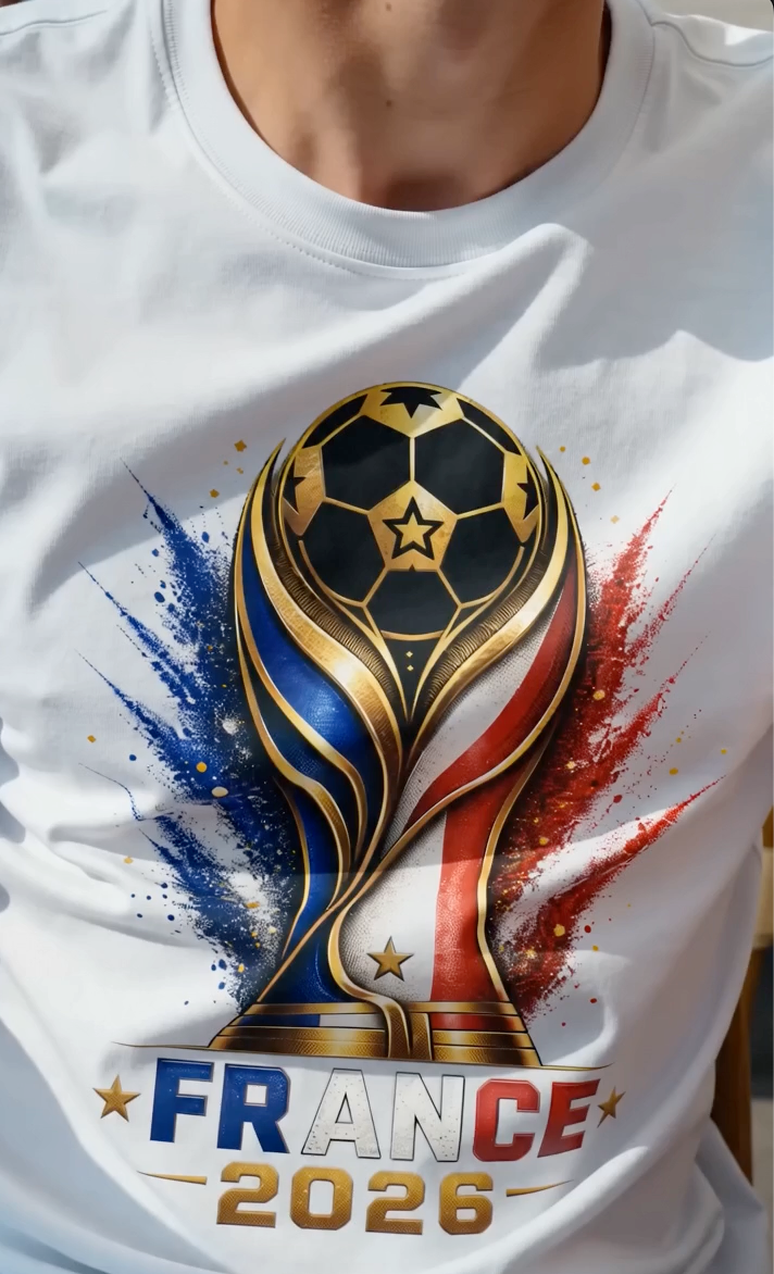 Close-up of white France 2026 football fan shirt featuring blue white and red soccer artwork