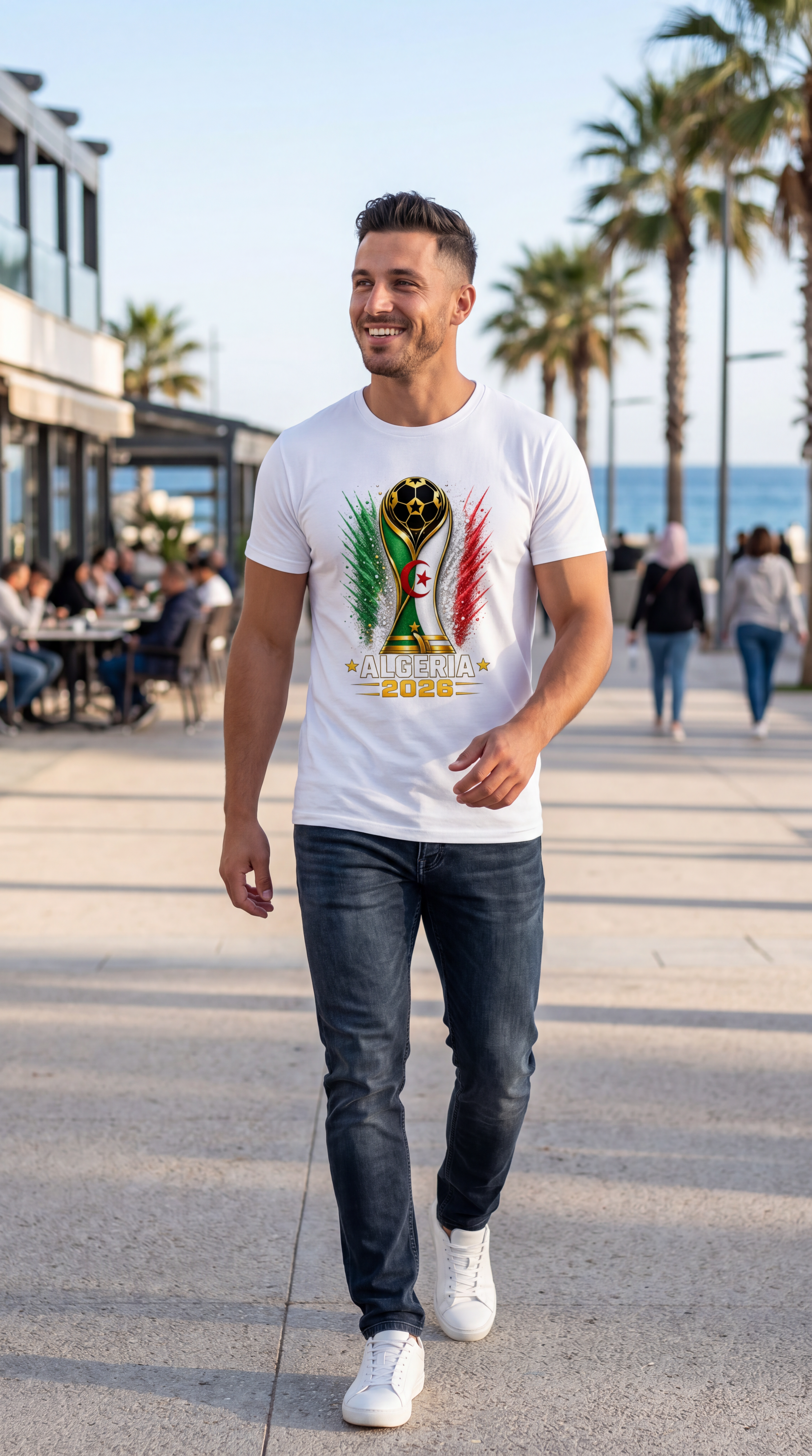 Man wearing a t-shirt with a World Cup 2026 logo in front of a stadium.