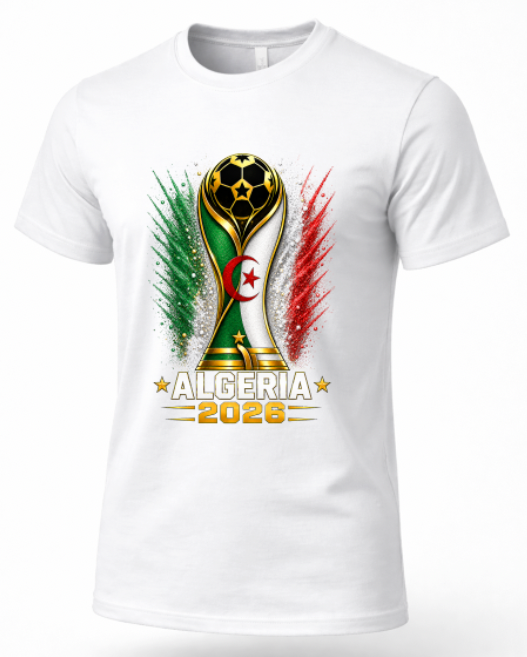 White t-shirt with Algeria 2026 World Cup design featuring a trophy and national colors.