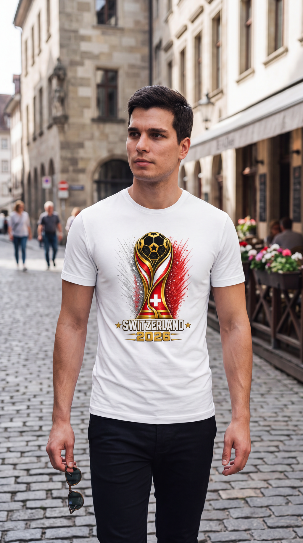 Man wearing a white t-shirt with a Switzerland soccer design on a street.