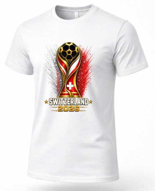 White t-shirt with a soccer trophy design and 'Switzerland 2026' text on a white background