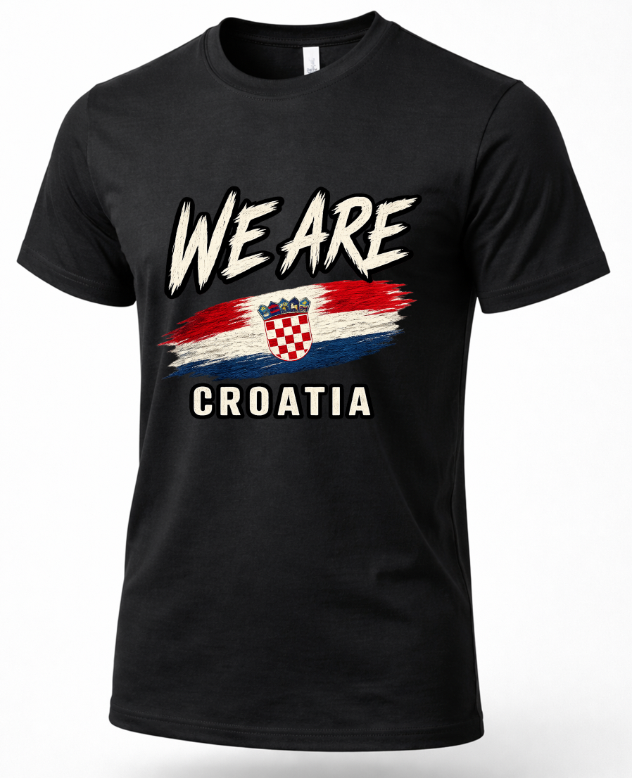 A black short-sleeve crewneck t-shirt featuring a distressed graphic print that reads 'WE ARE CROATIA' with the Croatian flag in the center, shown against a plain white background.