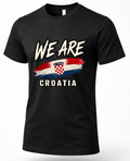 A black short-sleeve crewneck t-shirt featuring a distressed graphic print that reads 'WE ARE CROATIA' with the Croatian flag in the center, shown against a plain white background.