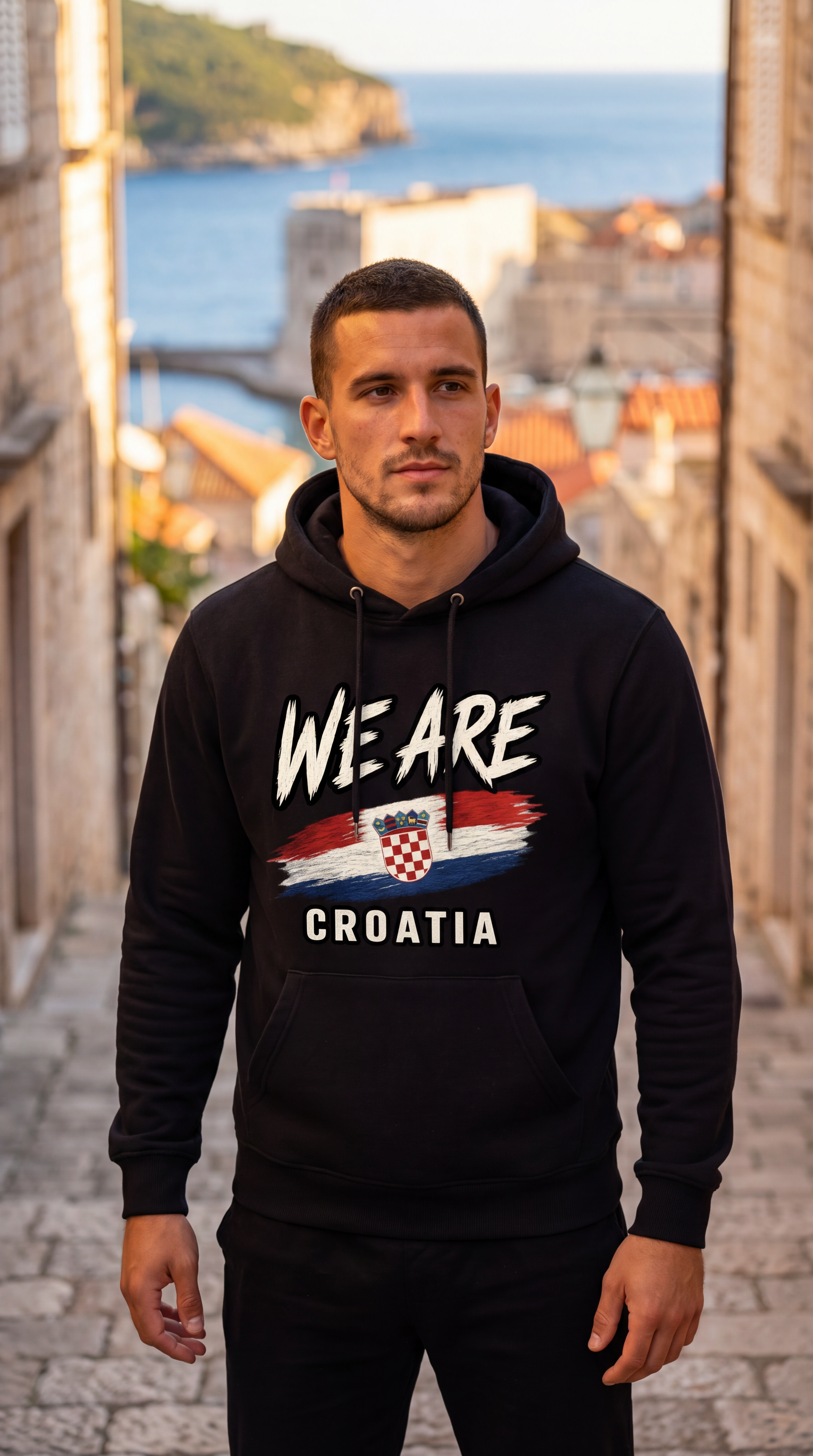 A man wearing a black hoodie with a 'WE ARE CROATIA' graphic featuring the Croatian flag, standing on a cobblestone street with a coastal city and sea in the background.
