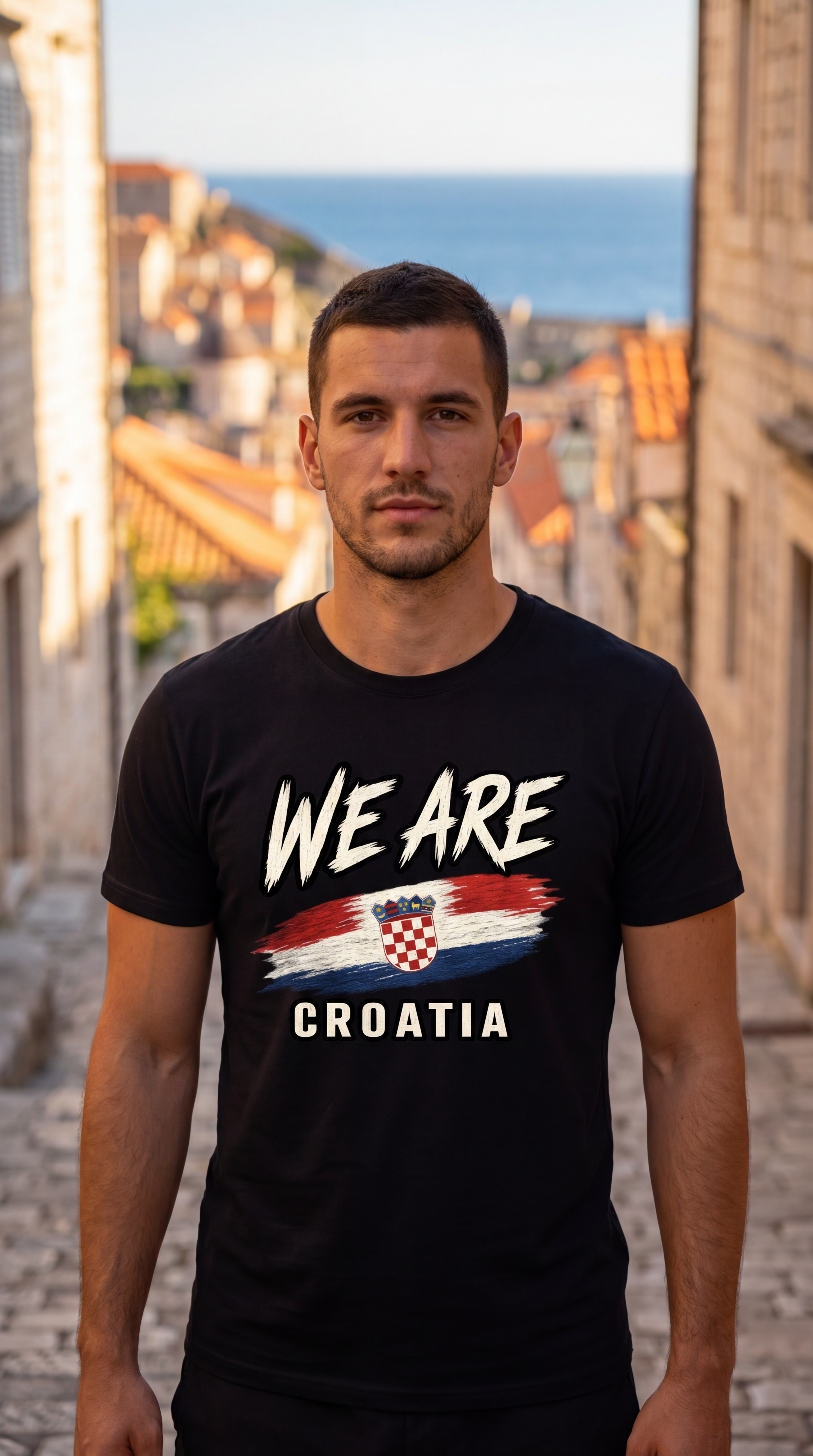 A man wearing a black t-shirt with a 'WE ARE CROATIA' graphic featuring the Croatian flag, standing on a cobblestone street with a scenic background of historic buildings and the sea.