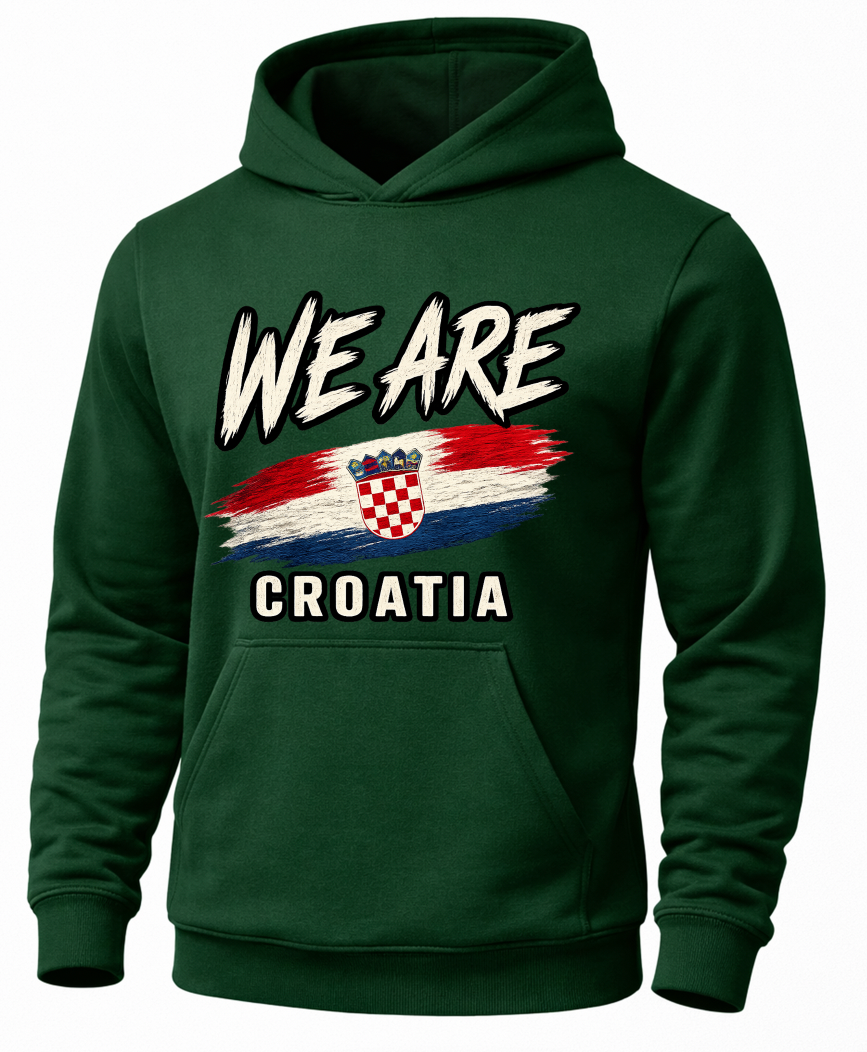 A navy blue pullover hoodie with a graphic print on the front. The design features the text 'WE ARE' in a distressed white font above a stylized brushstroke depiction of the Uzbekistan flag, and 'UZBEKISTAN' printed below in white.
