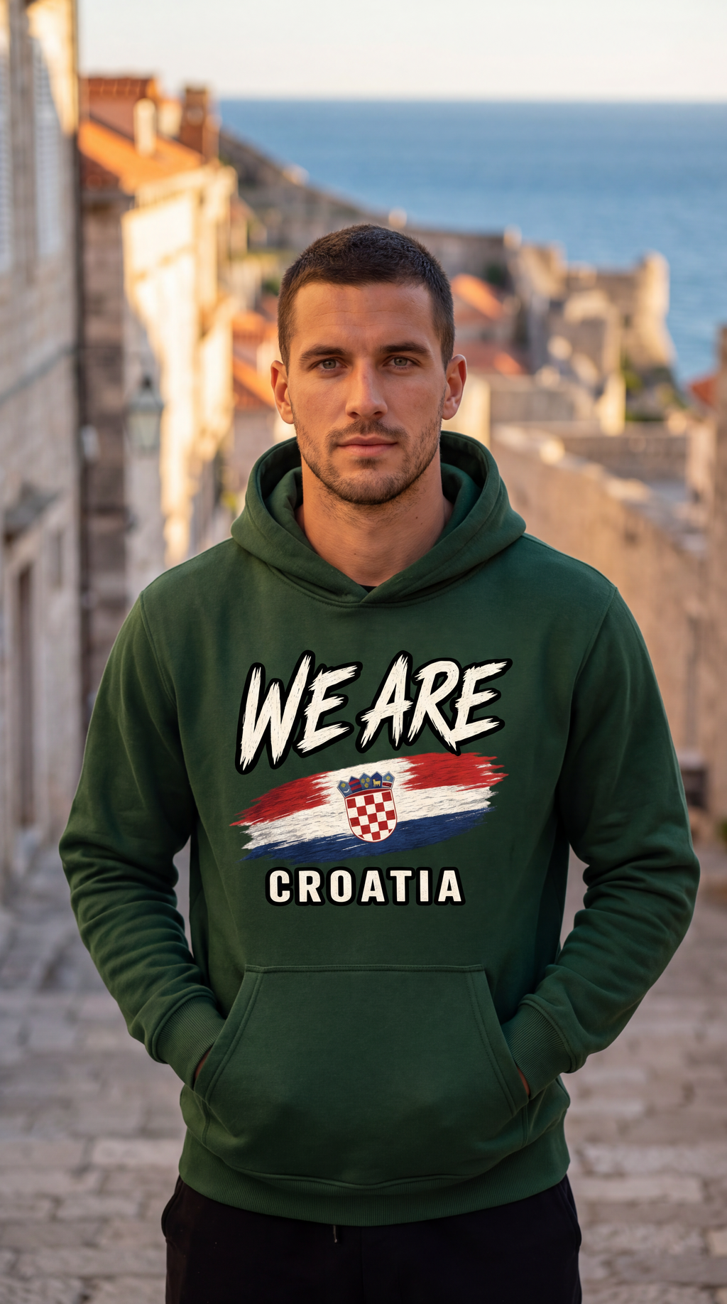 A man wearing a dark green hoodie with 'WE ARE CROATIA' and the Croatian flag graphic printed on the chest, standing on a cobblestone street with a coastal city and sea in the background.
