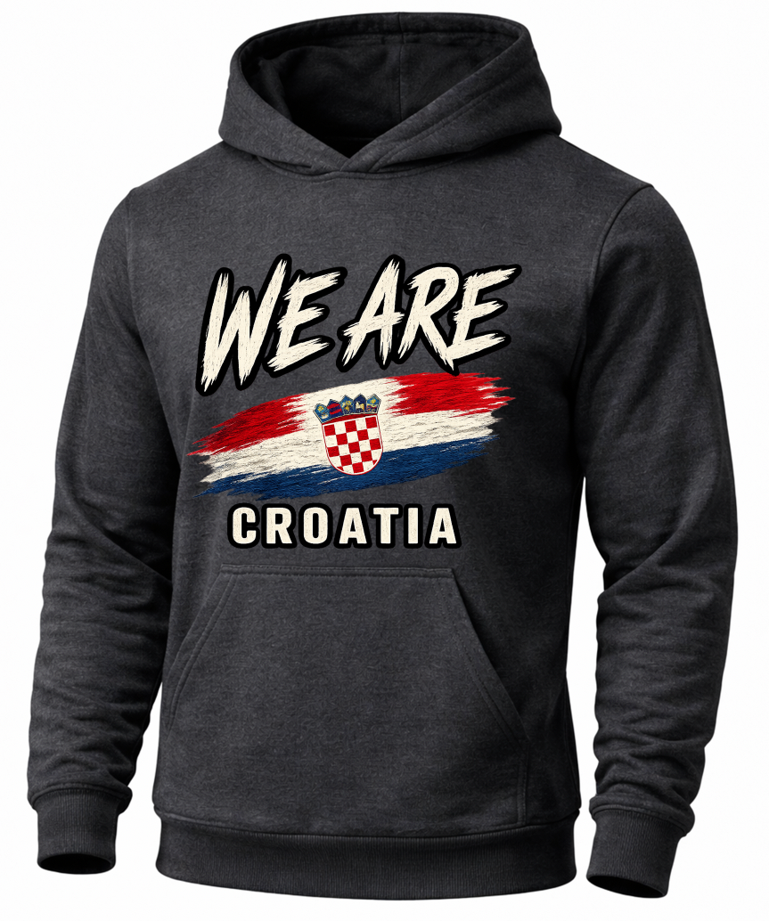 A dark charcoal gray hoodie featuring a distressed graphic print on the front with the text 'WE ARE CROATIA' and a stylized Croatian flag and coat of arms.