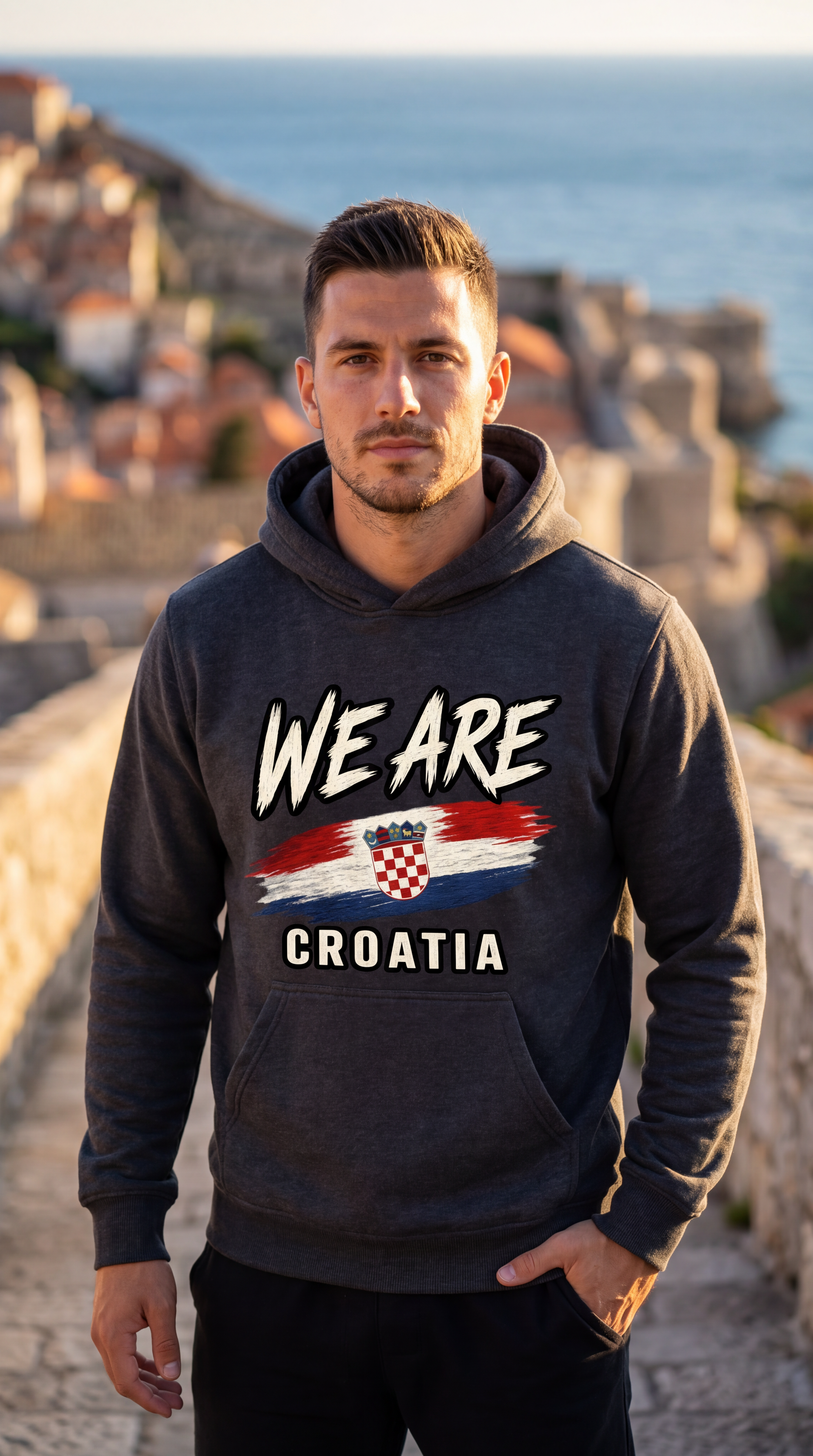 A man wearing a dark gray hoodie with a 'WE ARE CROATIA' graphic featuring the Croatian flag, standing outdoors with a blurred coastal city background.