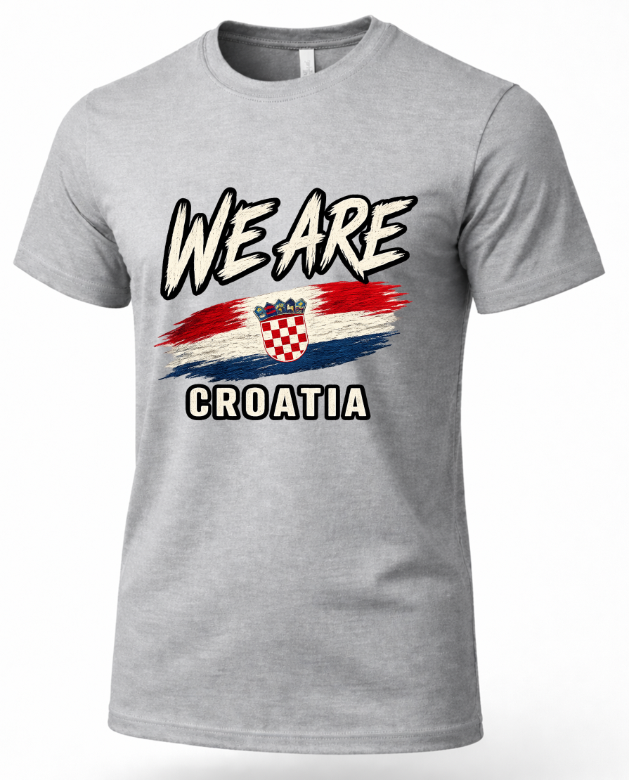 A heather gray short-sleeve crewneck t-shirt featuring a graphic print that reads 'WE ARE CROATIA' with a stylized Croatian flag design in the center.