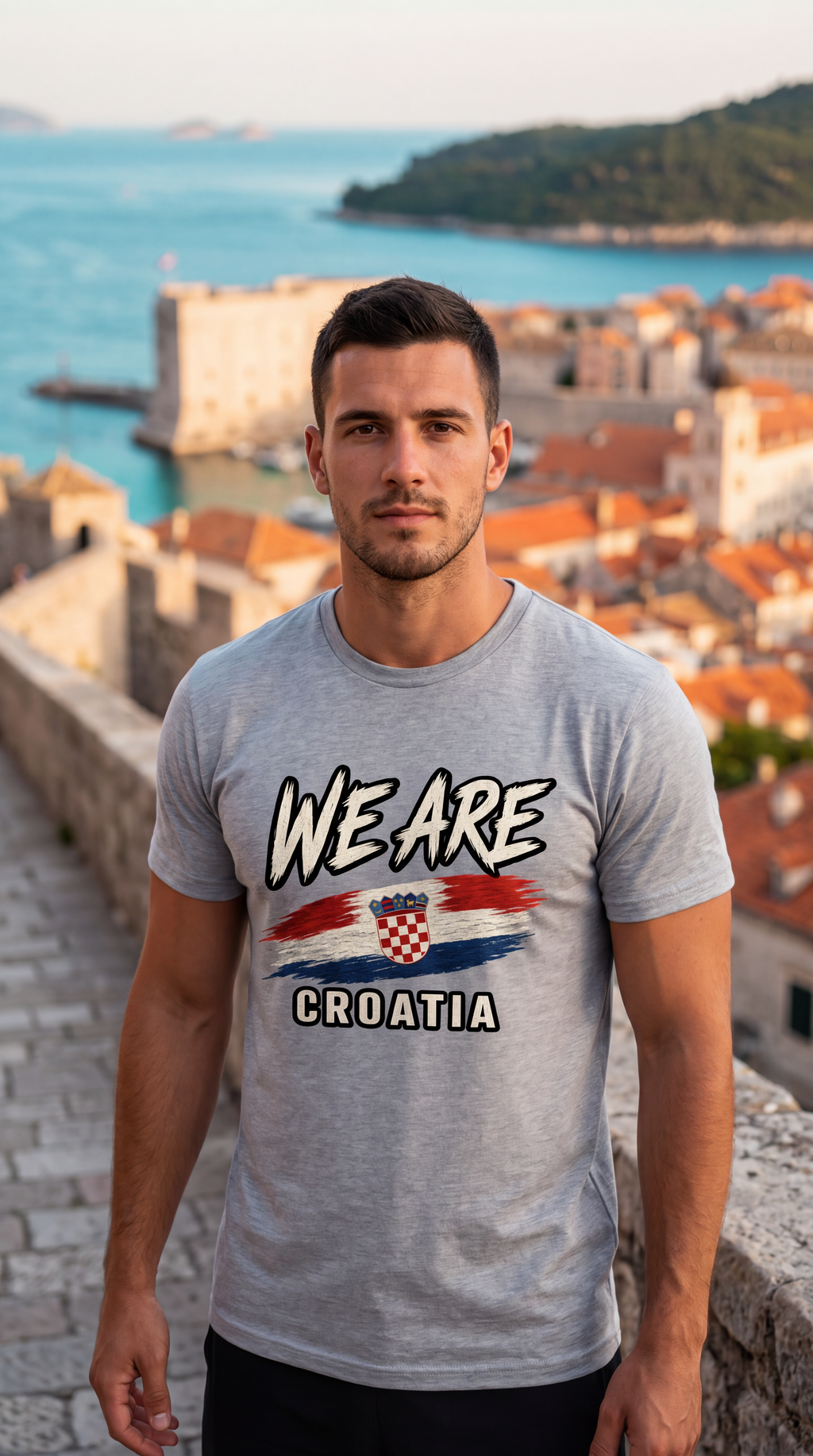 A man wearing a light gray t-shirt with a 'WE ARE CROATIA' graphic featuring the Croatian flag, standing outdoors with a scenic view of Dubrovnik in the background.