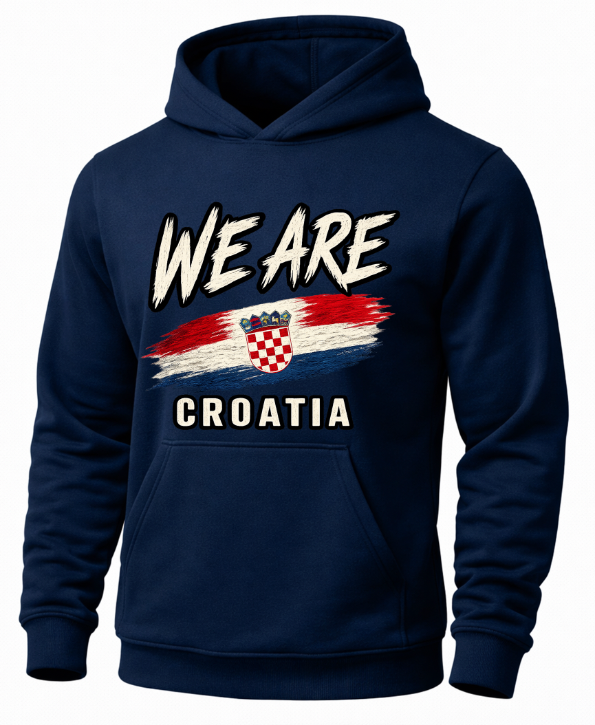A navy blue pullover hoodie with a front graphic that reads 'WE ARE CROATIA' above and below a red, white, and blue Croatian flag design. The hoodie is shown on a plain white background.