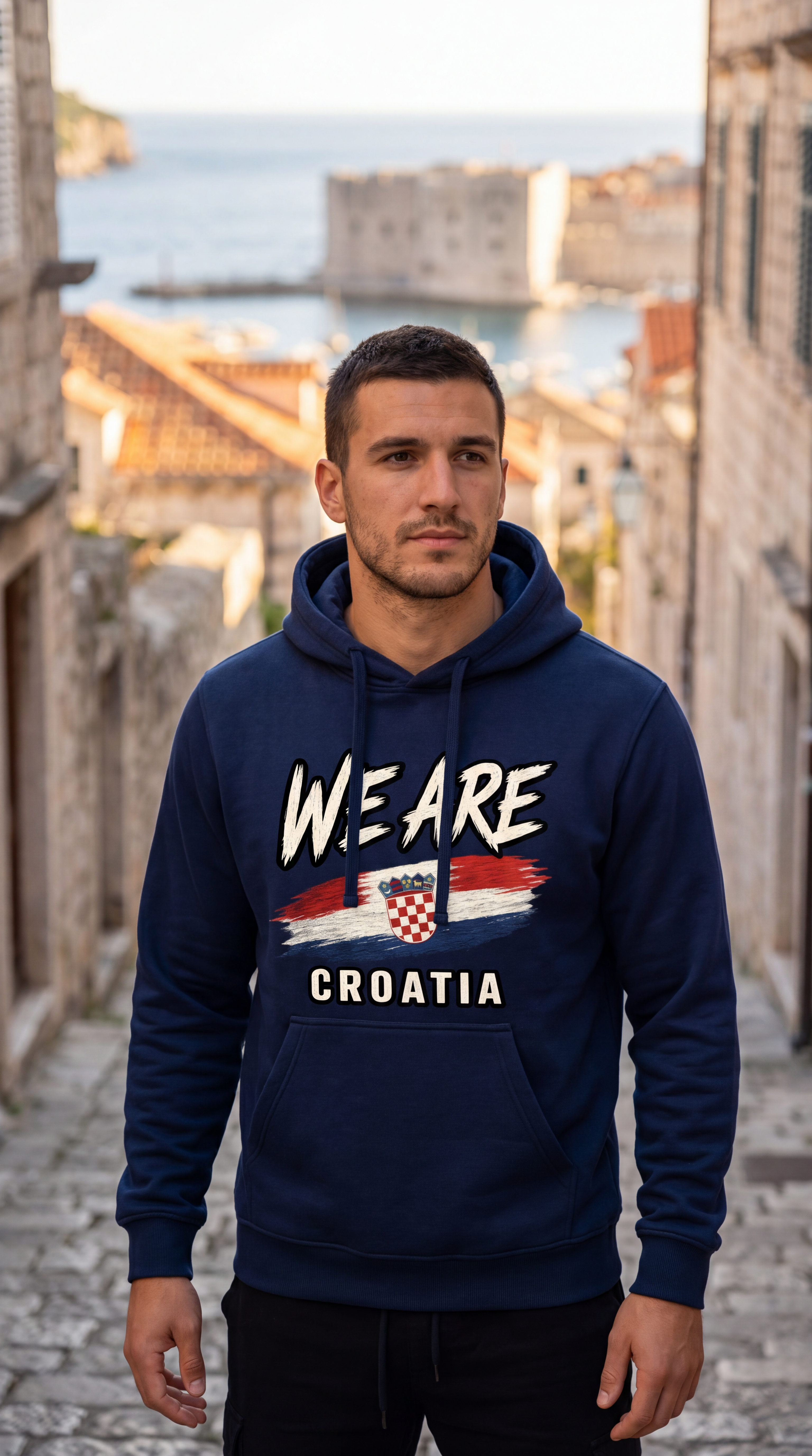 A man wearing a navy blue hoodie with a 'WE ARE CROATIA' graphic featuring the Croatian flag, standing in a cobblestone street with a coastal city background.