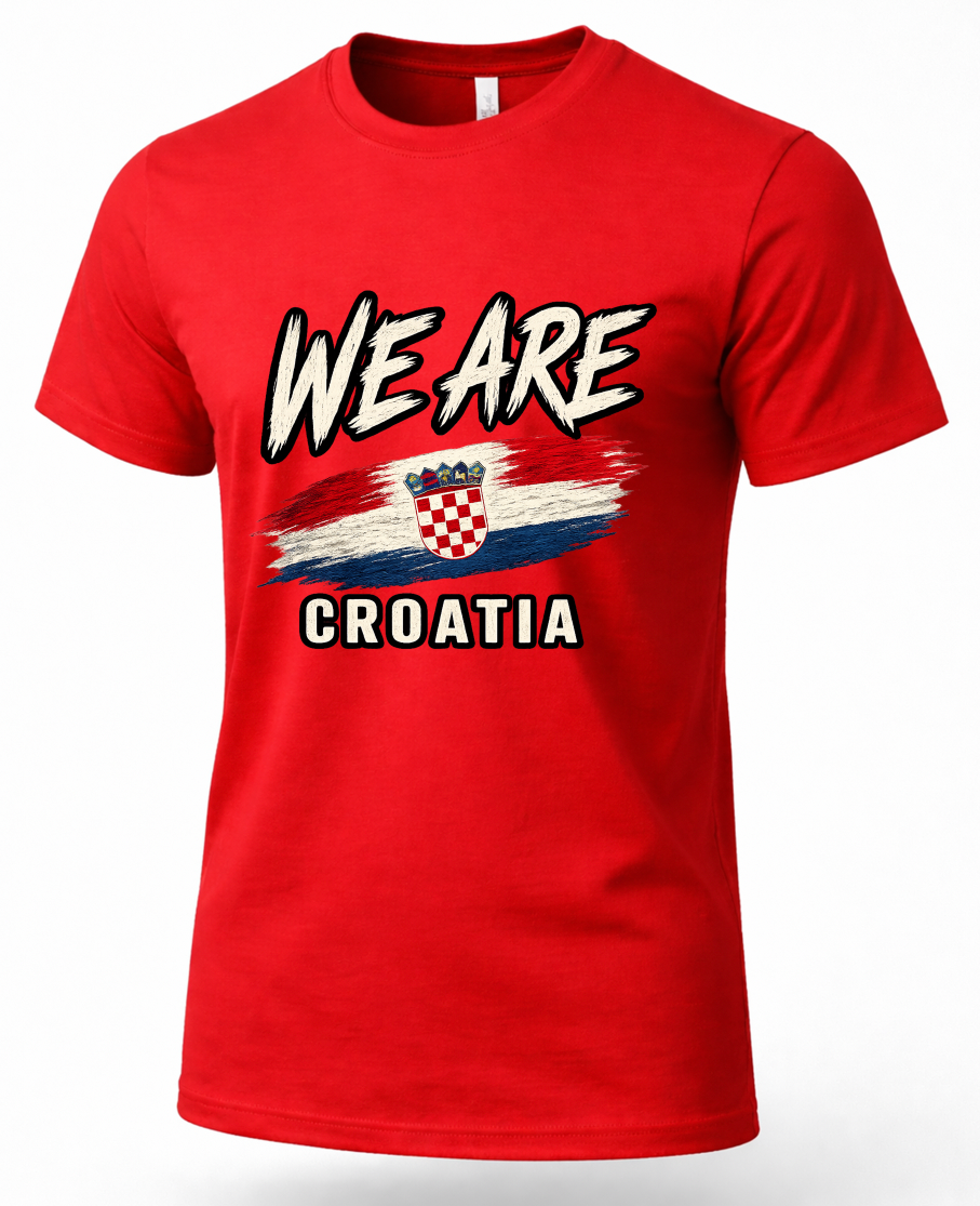 A red short-sleeve crewneck t-shirt featuring a graphic print of the Croatian flag and the text 'WE ARE CROATIA' in white with black outlines.