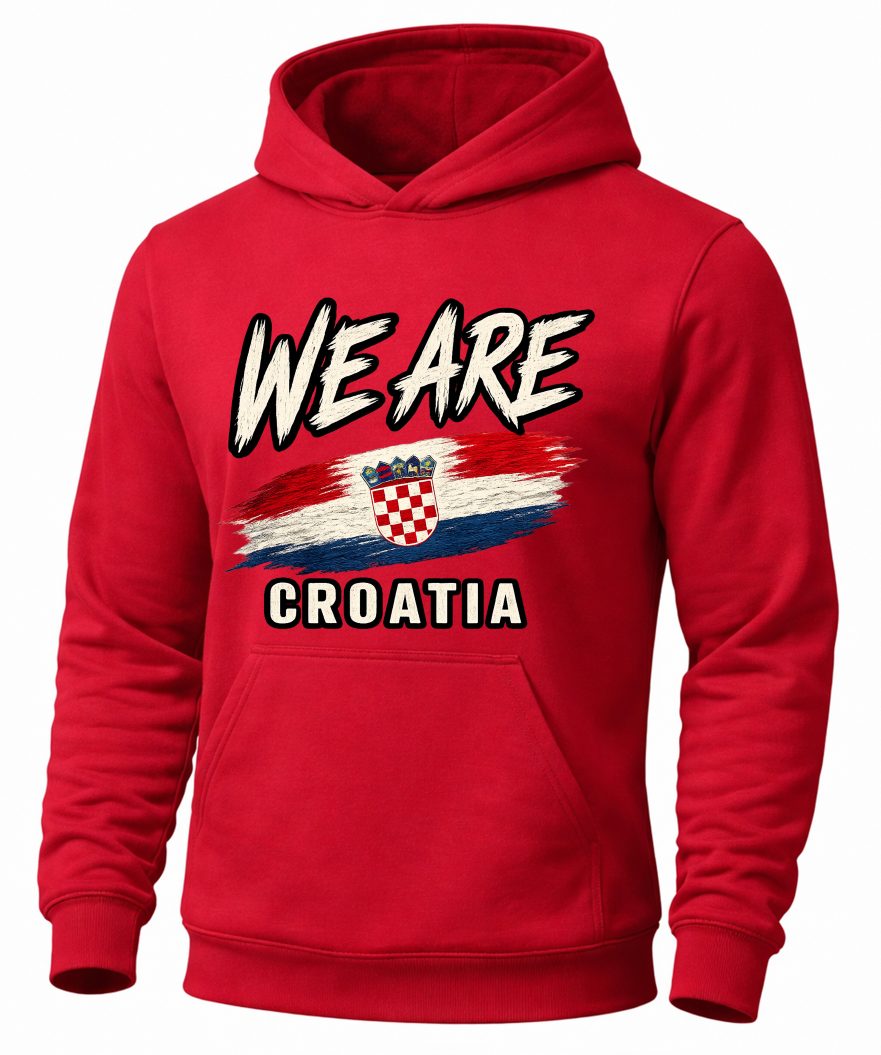 A red pullover hoodie featuring a graphic print on the front with the text 'WE ARE CROATIA' and the Croatian flag and coat of arms.