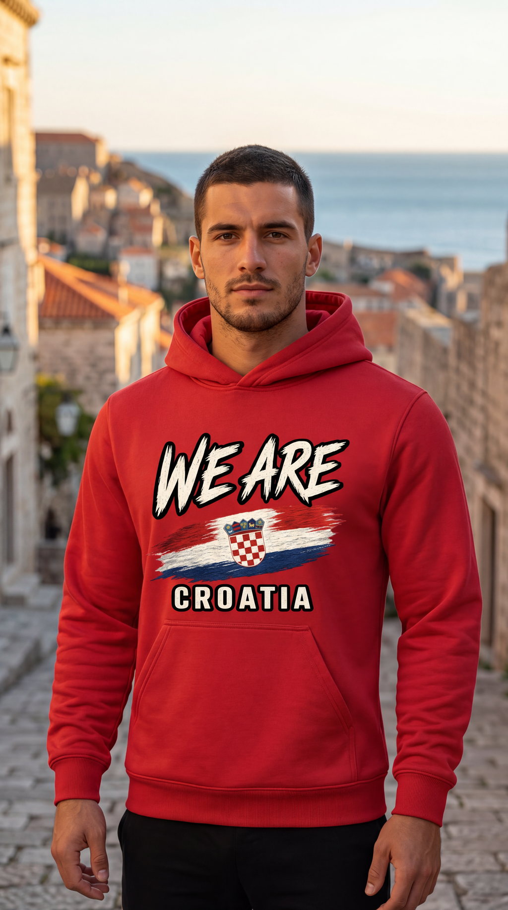 A man wearing a red hoodie with a 'WE ARE CROATIA' graphic featuring the Croatian flag, standing on a cobblestone street with a coastal town and sea in the background.