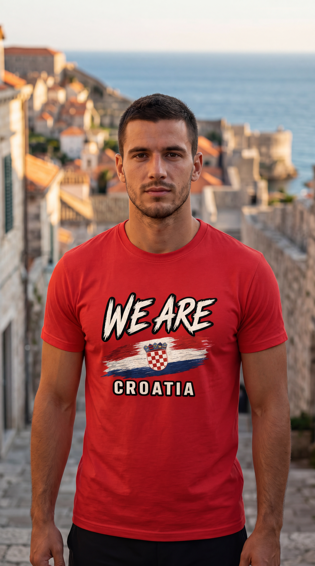 A man wearing a red graphic t-shirt with 'WE ARE CROATIA' and the Croatian flag design, standing in front of a scenic background of coastal stone buildings and the sea.