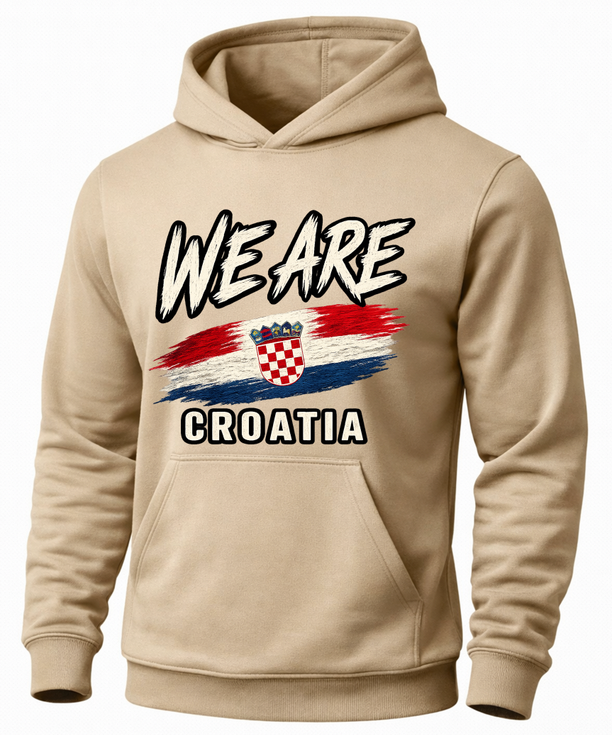 A beige pullover hoodie featuring a graphic print on the front with the text 'WE ARE CROATIA' and a stylized Croatian flag and coat of arms.