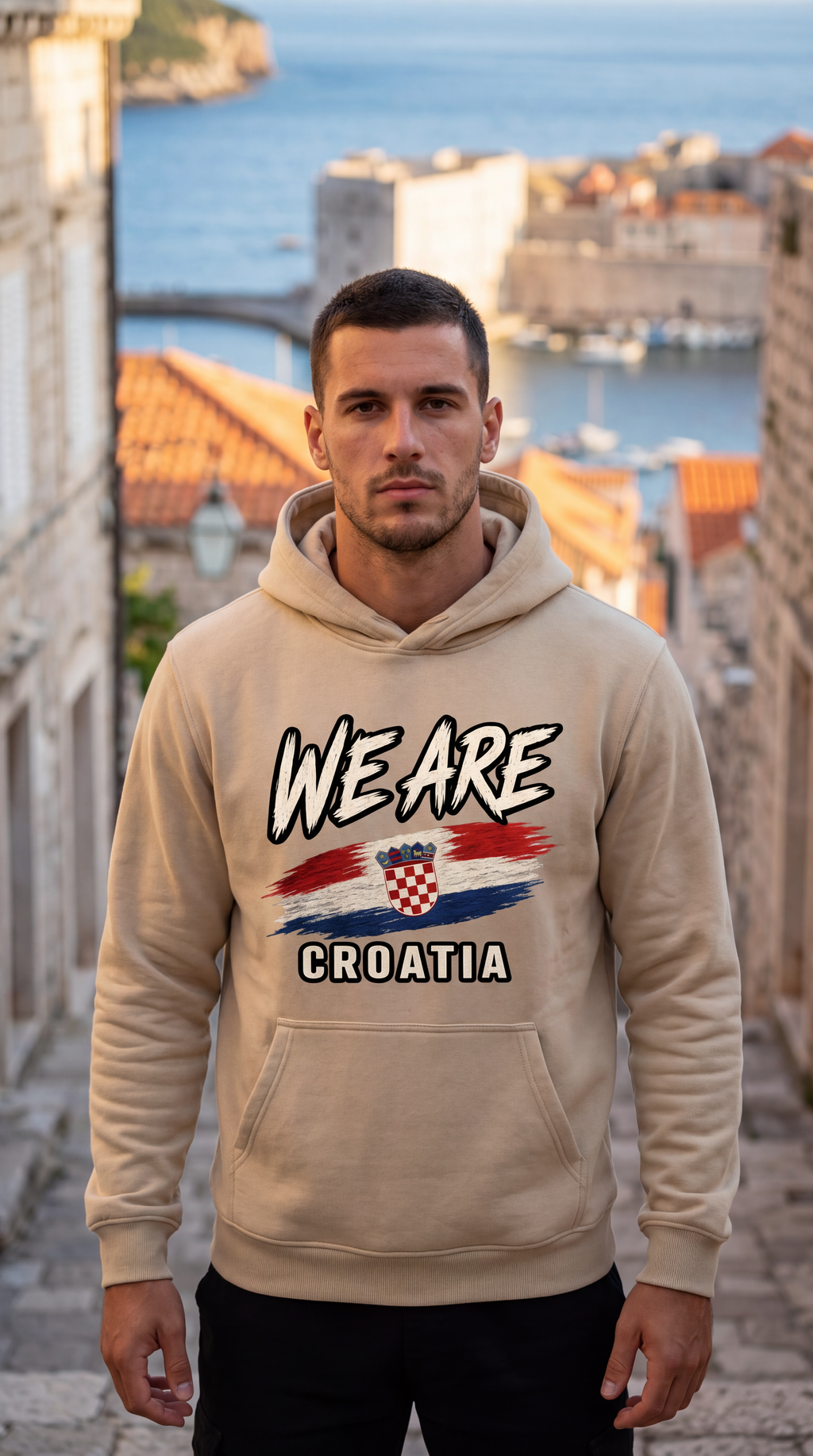 A man wearing a beige hoodie with a 'WE ARE CROATIA' graphic featuring the Croatian flag, standing on a cobblestone street with a blurred coastal city background.