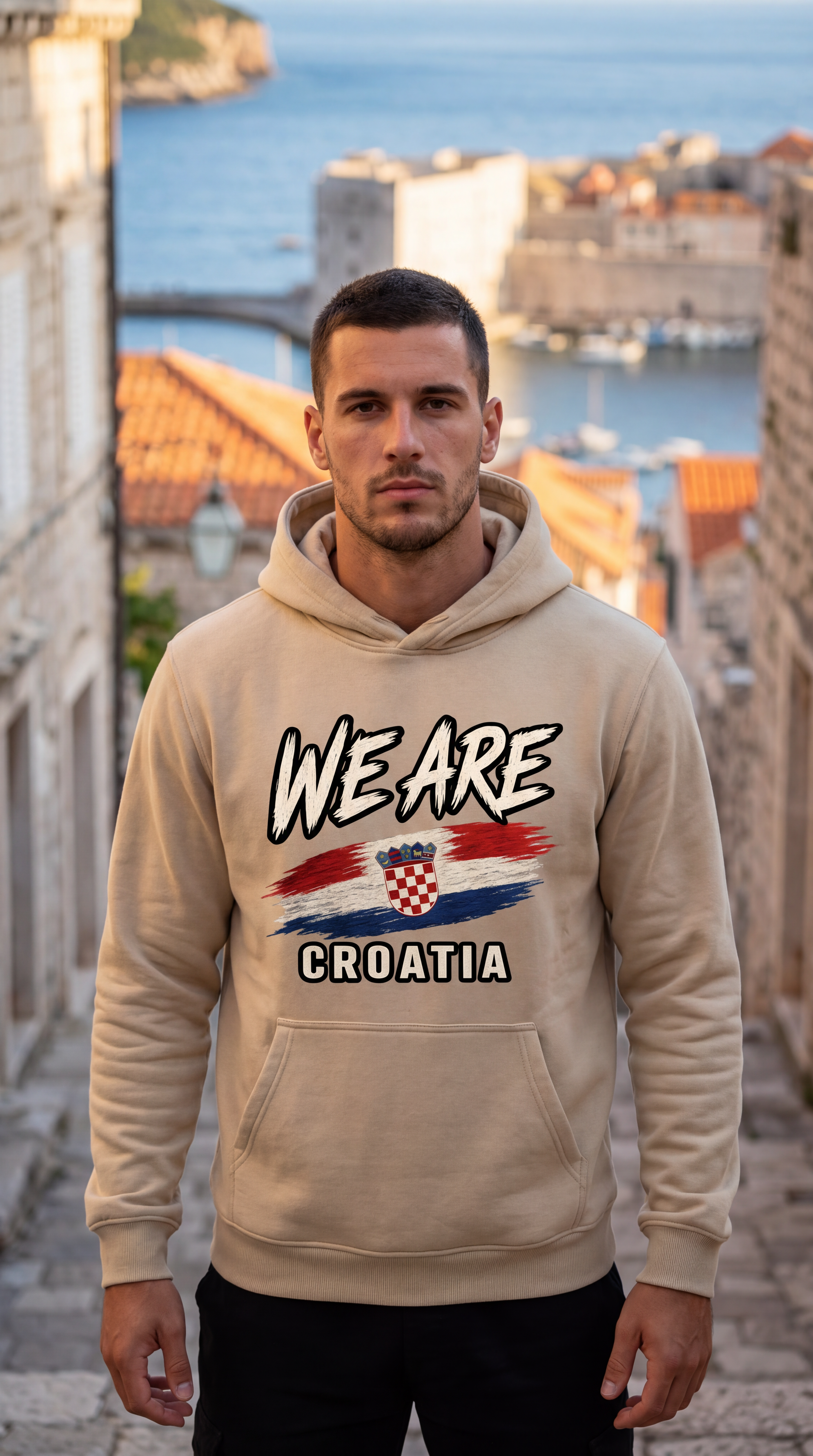 A man wearing a beige hoodie with a 'WE ARE CROATIA' graphic featuring the Croatian flag, standing on a cobblestone street with a blurred coastal city background.