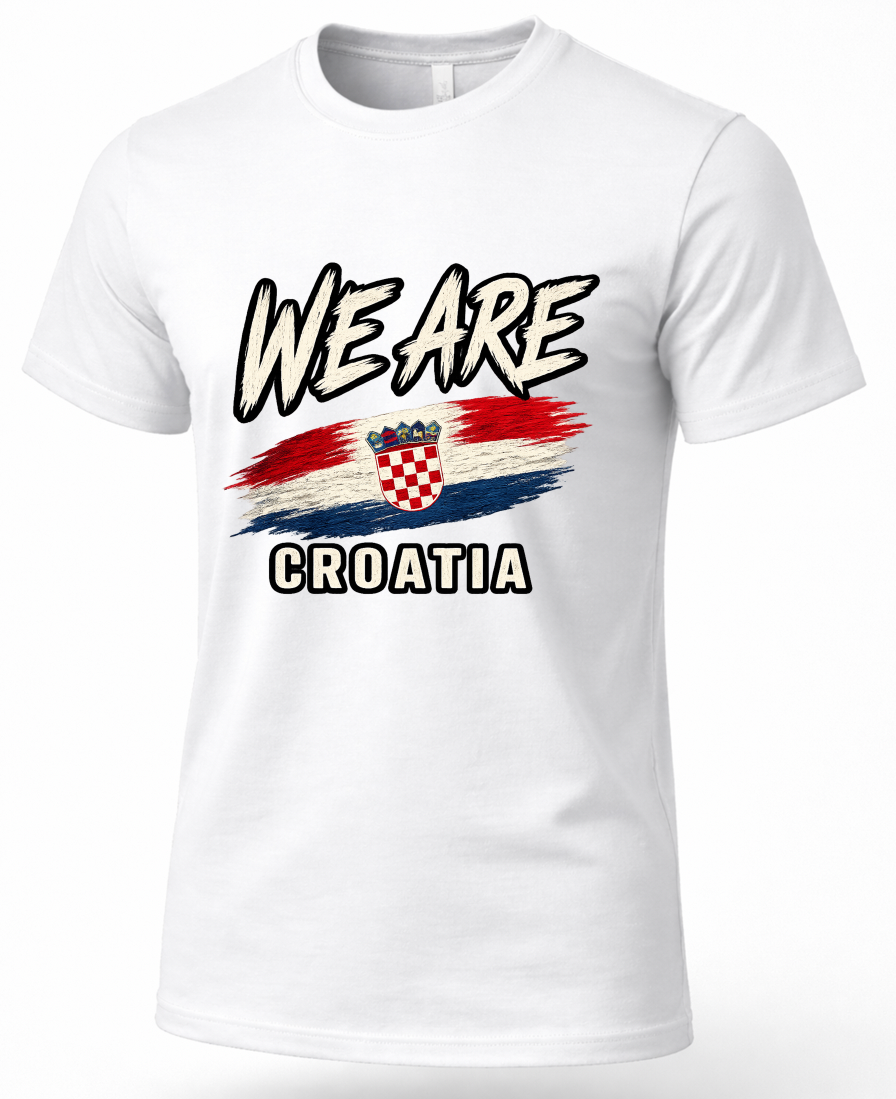 A white short-sleeve crewneck t-shirt featuring a graphic print on the front with the text 'WE ARE CROATIA' and a distressed Croatian flag design.