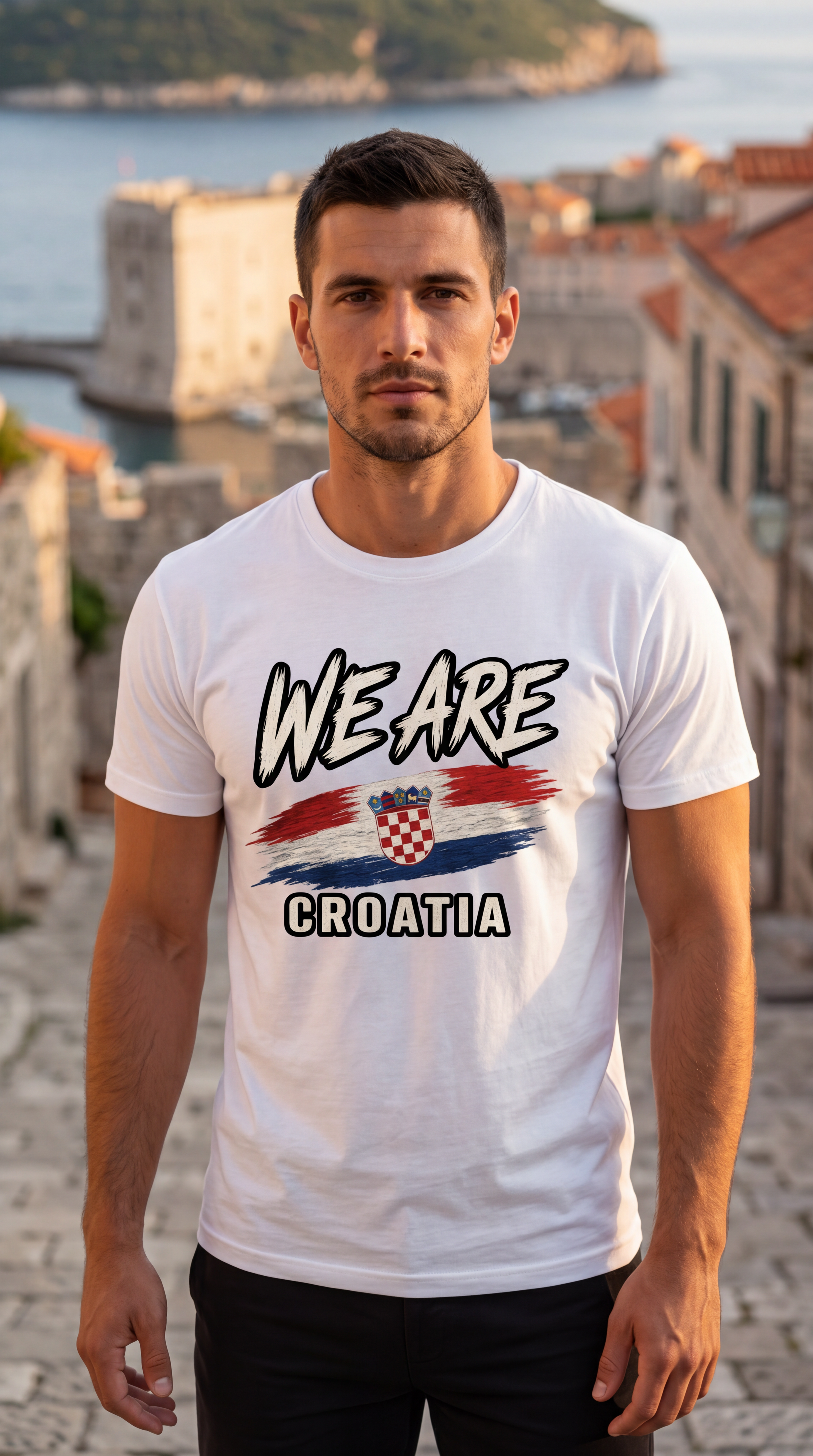 A man wearing a white graphic t-shirt with 'WE ARE CROATIA' and the Croatian flag design, standing outdoors in front of a scenic coastal city background.