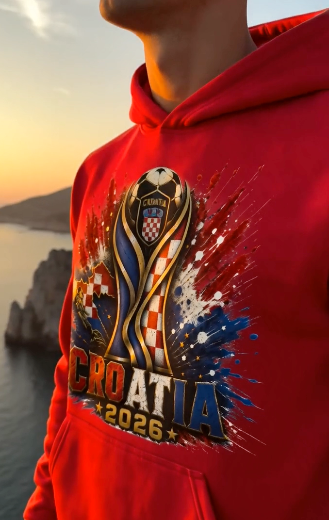 Croatia Soccer Hoodie 2026 red hoodie featuring Croatian football fan design overlooking Adriatic coast