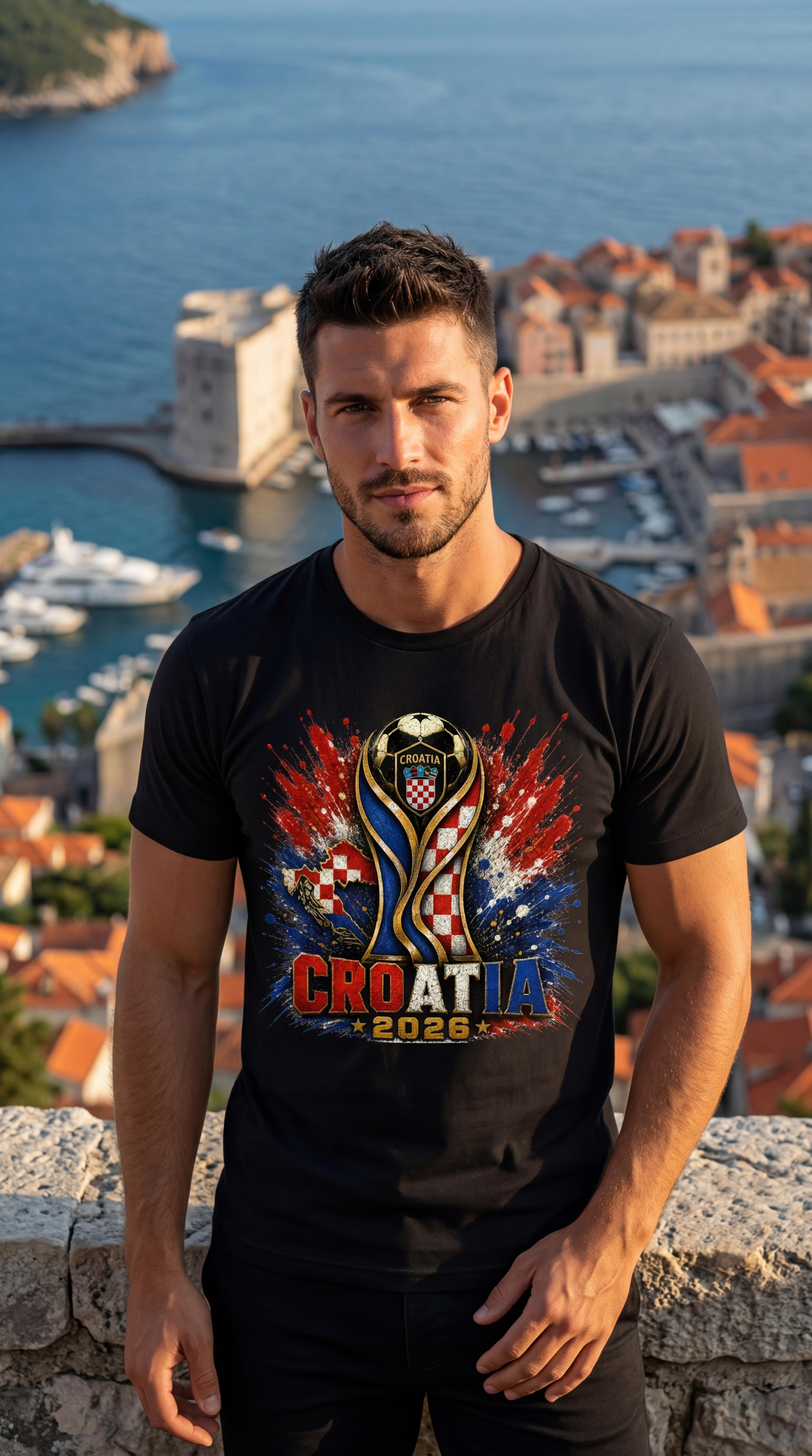 Croatia Soccer Shirt 2026 black t-shirt worn by male model overlooking Dubrovnik Croatia waterfront