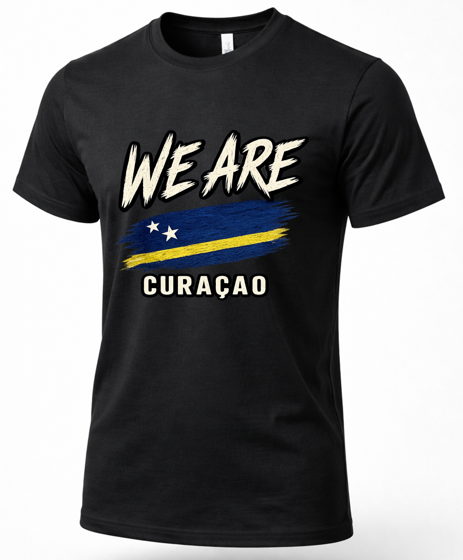 A black short-sleeve crewneck t-shirt featuring a graphic print of the text 'WE ARE' in a distressed white font above a stylized blue and yellow flag, with 'CURAÇAO' printed below in white.